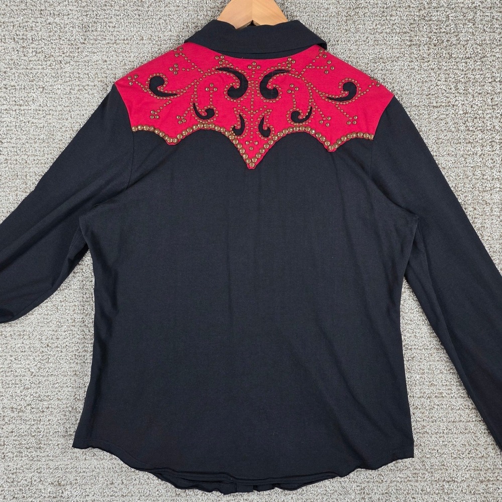 Double D Ranch Womens Western Shirt Black Red Studded Embroidered Snap Front L - Picture 6 of 10